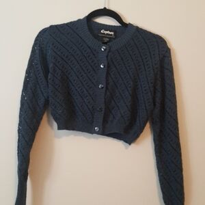 Capture Crocheted blue crop top button-up sweater